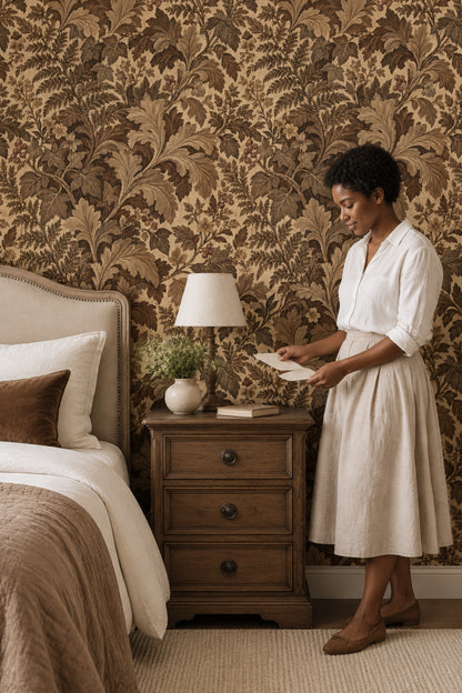Acanthus Leaves Wallpaper Traditional Brown Botanical On Textured Cream
