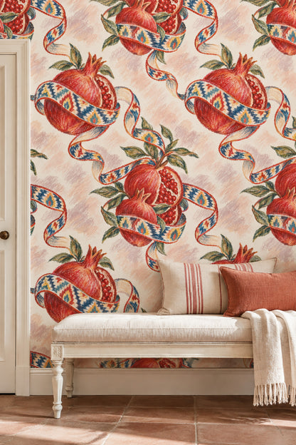 Pomegranate Wallpaper Ikat Ribbon Botanical On Cream Pink