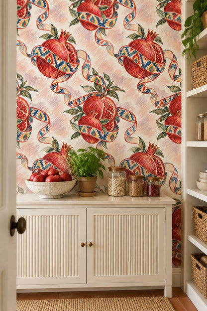 Pomegranate Wallpaper Ikat Ribbon Botanical On Cream Pink