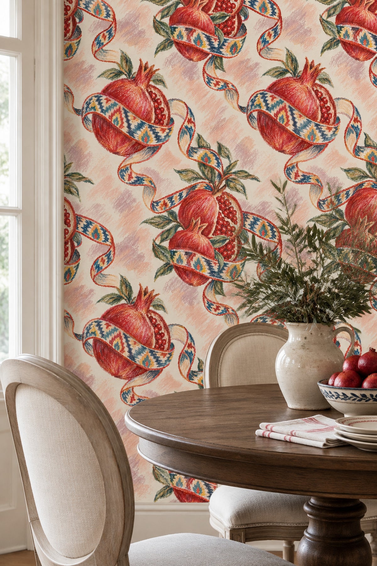 Pomegranate Wallpaper Ikat Ribbon Botanical On Cream Pink