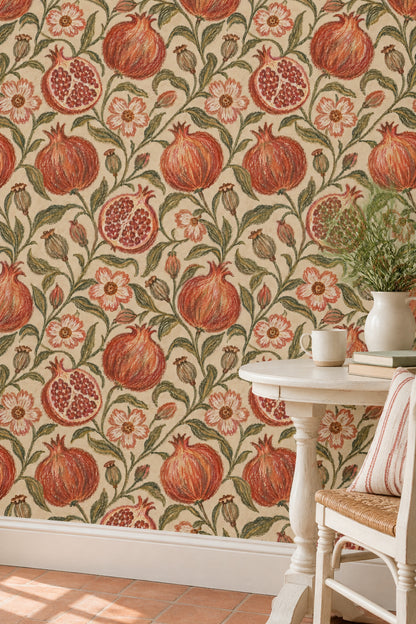 Pomegranate Botanical Wallpaper Vintage Inspired Vines On Cream Beige