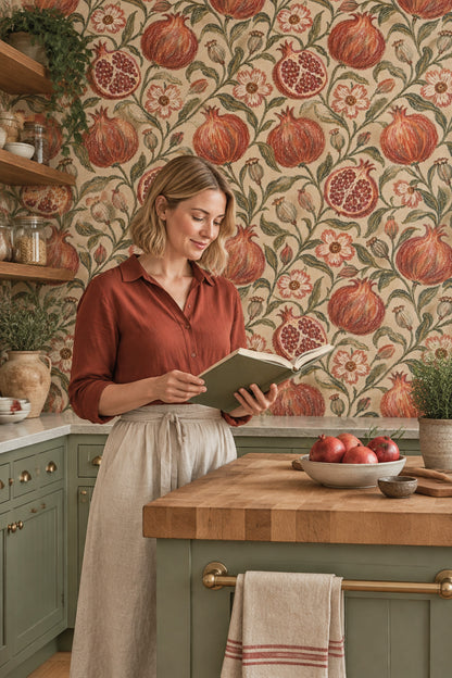 Pomegranate Botanical Wallpaper Vintage Inspired Vines On Cream Beige
