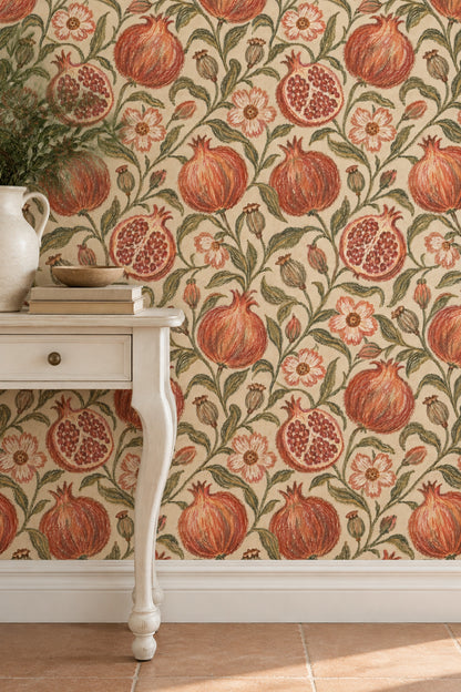 Pomegranate Botanical Wallpaper Vintage Inspired Vines On Cream Beige