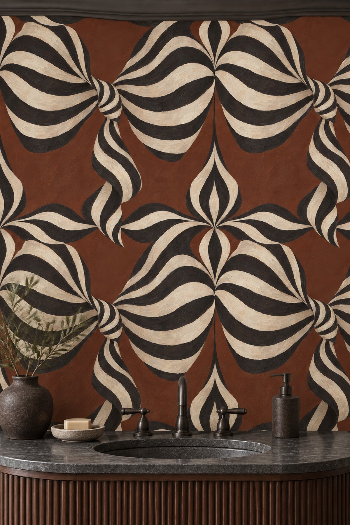 Wavy Ribbon Stripes Wallpaper Cream And Black On Brown