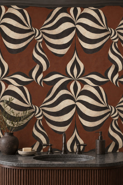Wavy Ribbon Stripes Wallpaper Cream And Black On Brown