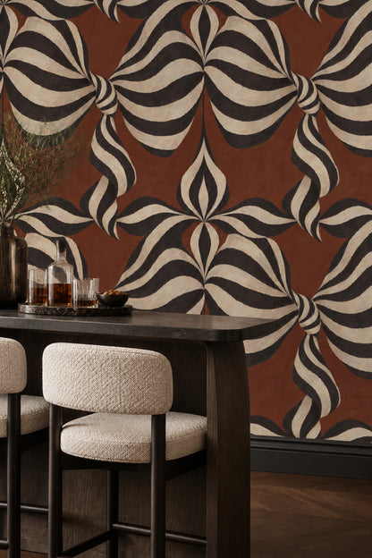 Wavy Ribbon Stripes Wallpaper Cream And Black On Brown