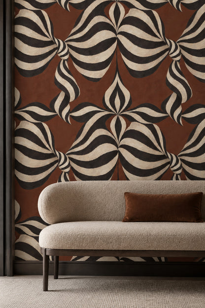 Wavy Ribbon Stripes Wallpaper Cream And Black On Brown