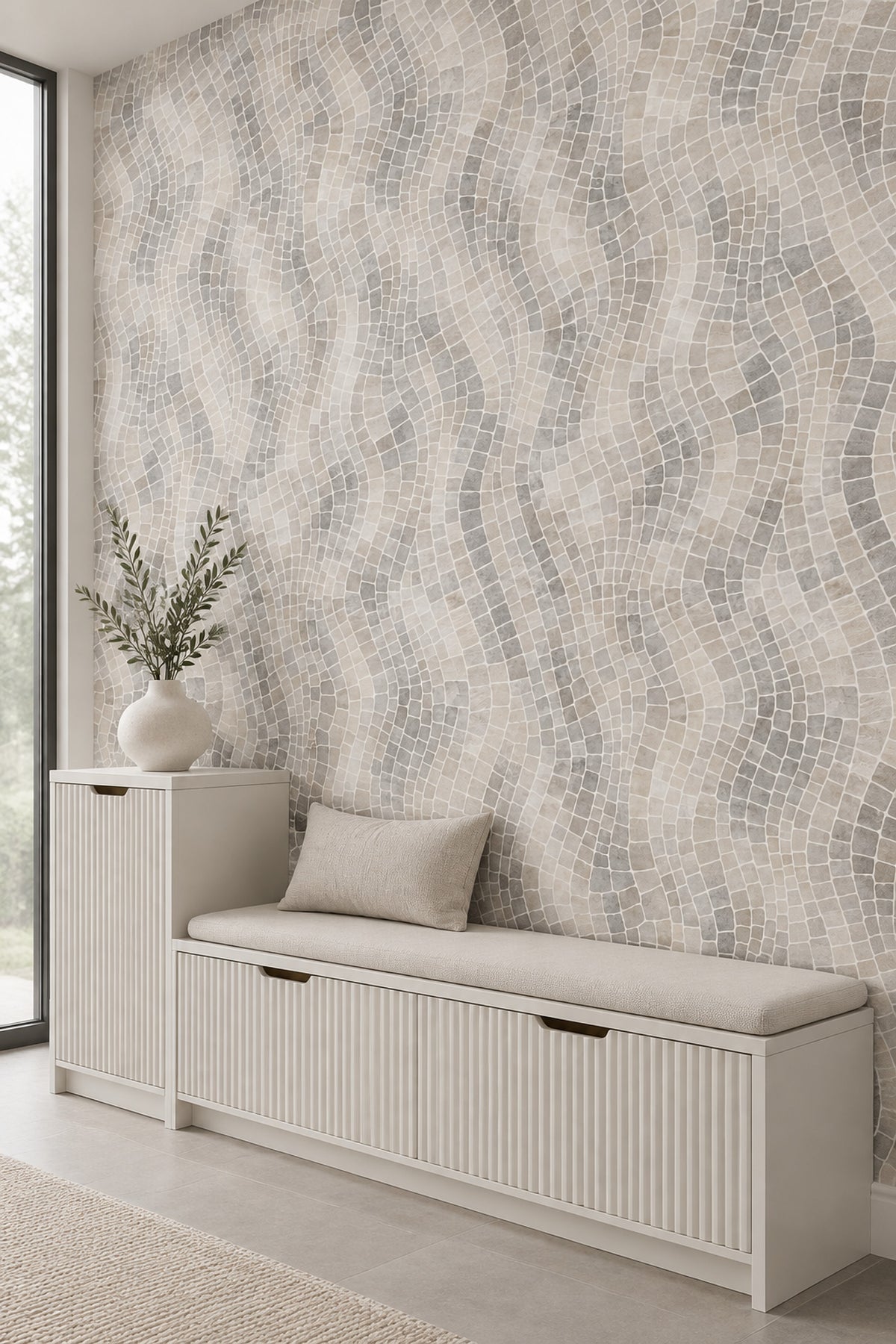 Stone Mosaic Wallpaper In Light Gray And Beige