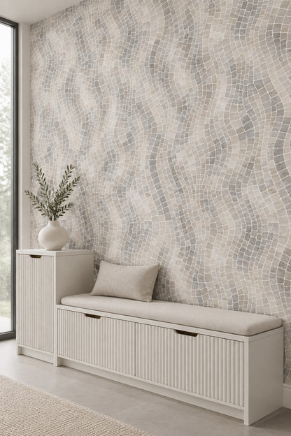 Stone Mosaic Wallpaper In Light Gray And Beige