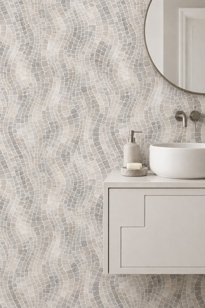 Stone Mosaic Wallpaper In Light Gray And Beige