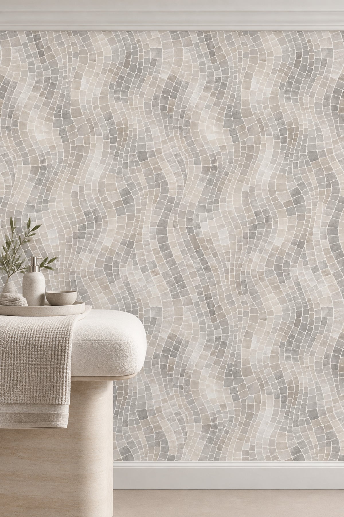 Stone Mosaic Wallpaper In Light Gray And Beige