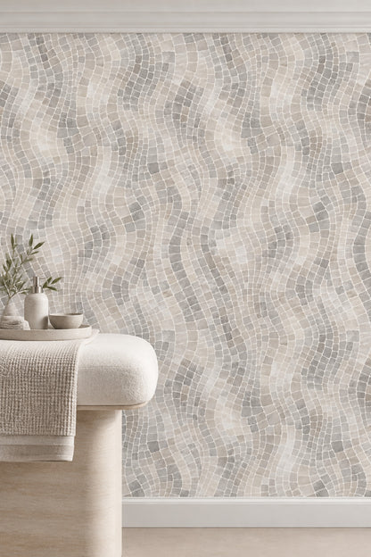 Stone Mosaic Wallpaper In Light Gray And Beige