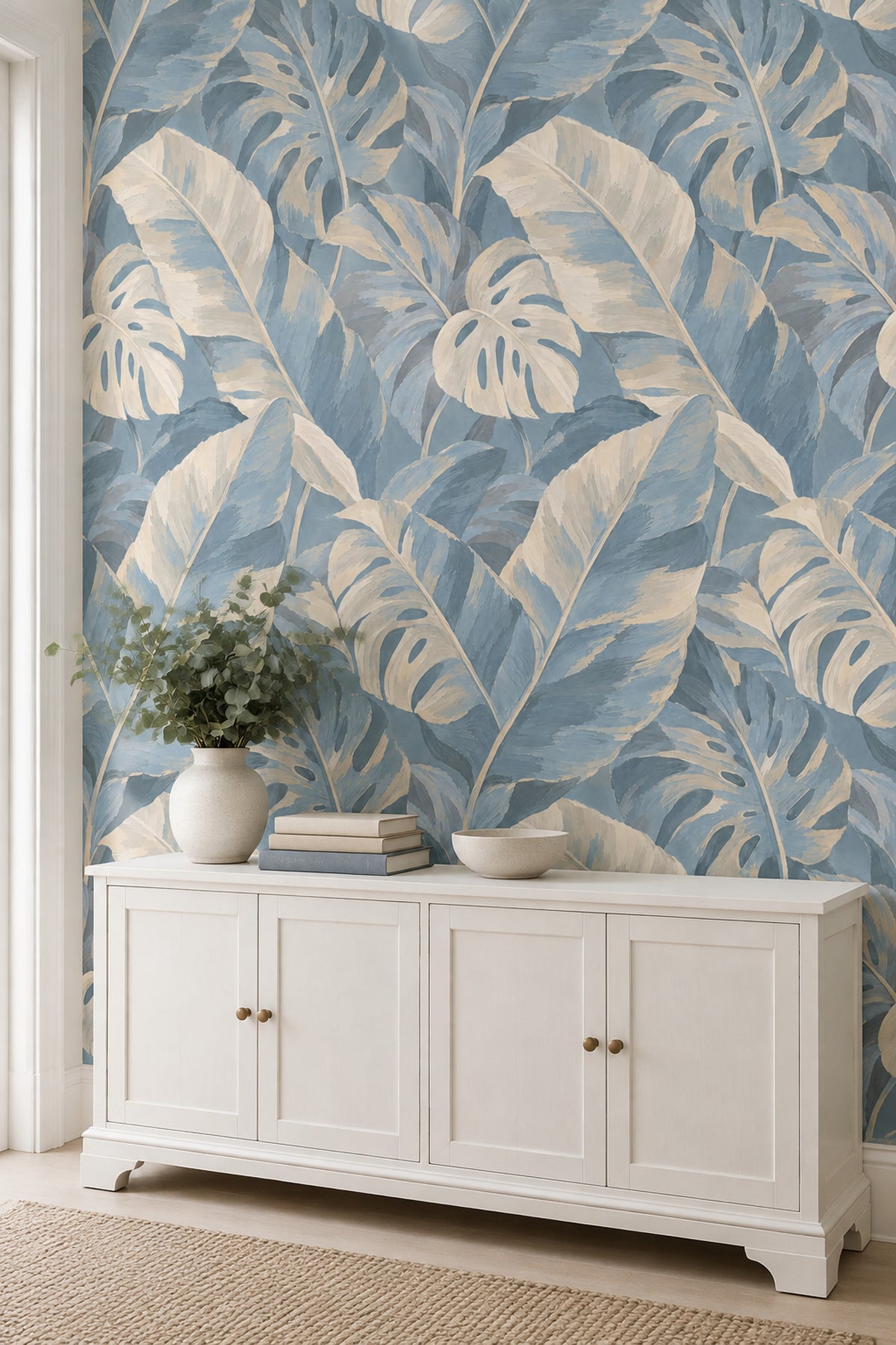 Layered Monstera Leaves Wallpaper In Dusty Blue And Cream