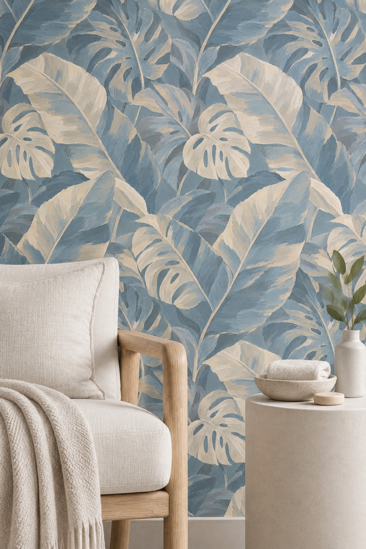 Layered Monstera Leaves Wallpaper In Dusty Blue And Cream
