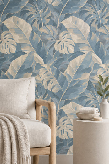 Layered Monstera Leaves Wallpaper In Dusty Blue And Cream