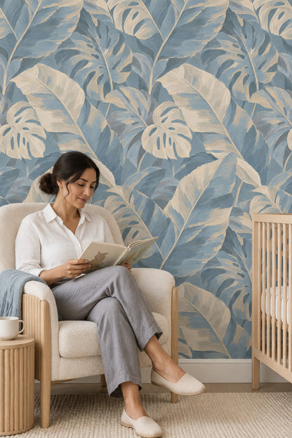 Layered Monstera Leaves Wallpaper In Dusty Blue And Cream