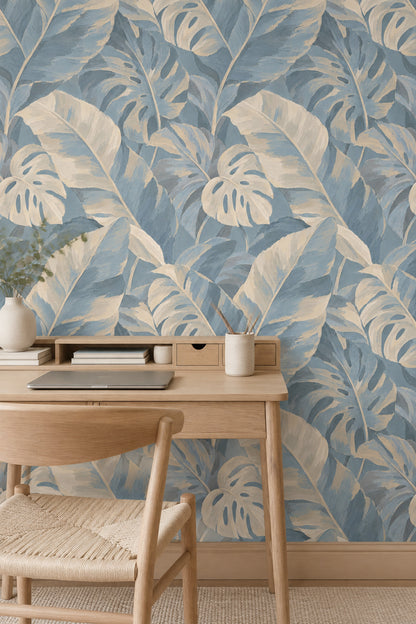 Layered Monstera Leaves Wallpaper In Dusty Blue And Cream