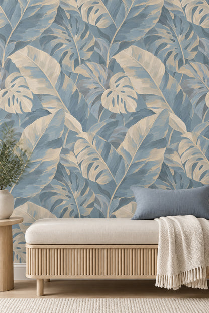 Layered Monstera Leaves Wallpaper In Dusty Blue And Cream