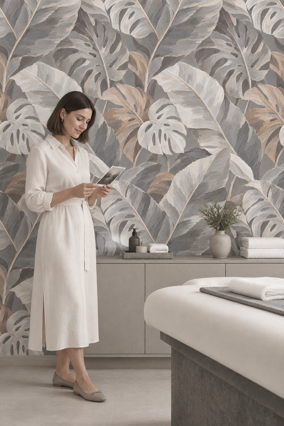 Monstera Tropical Leaves Wallpaper Neutral Gray Beige Painterly