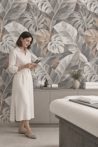 Monstera Tropical Leaves Wallpaper Neutral Gray Beige Painterly