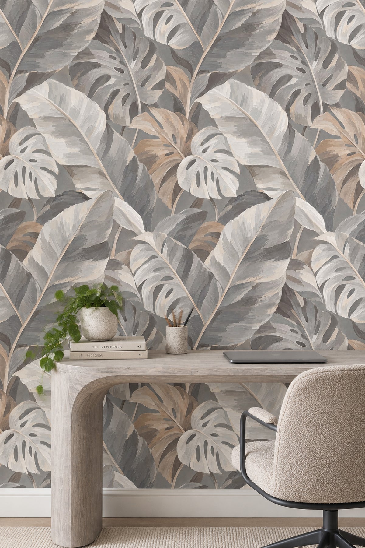 Monstera Tropical Leaves Wallpaper Neutral Gray Beige Painterly