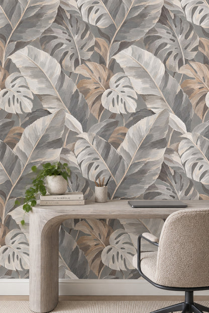 Monstera Tropical Leaves Wallpaper Neutral Gray Beige Painterly