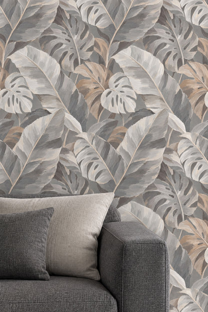Monstera Tropical Leaves Wallpaper Neutral Gray Beige Painterly