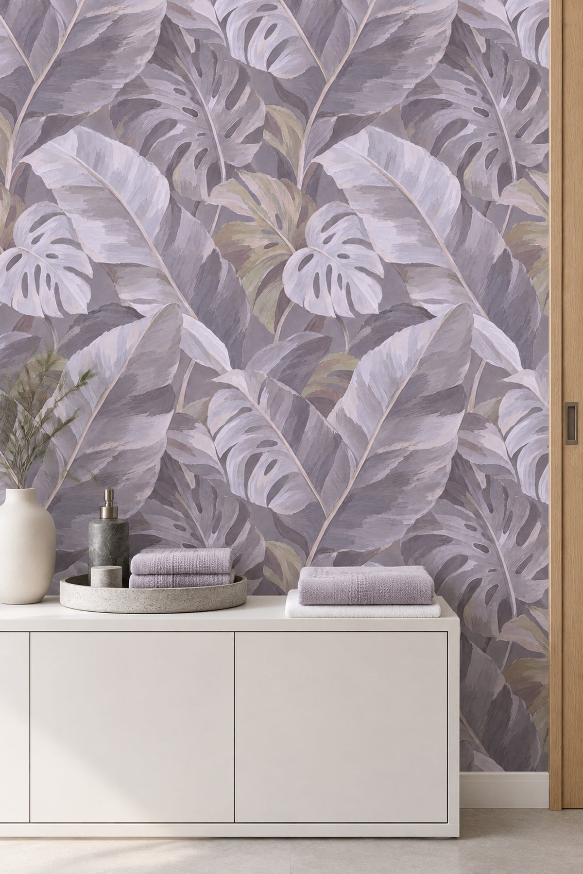Muted Monstera Leaves Wallpaper Painterly Gray Foliage