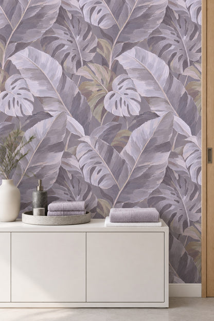 Muted Monstera Leaves Wallpaper Painterly Gray Foliage