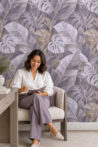 Muted Monstera Leaves Wallpaper Painterly Gray Foliage