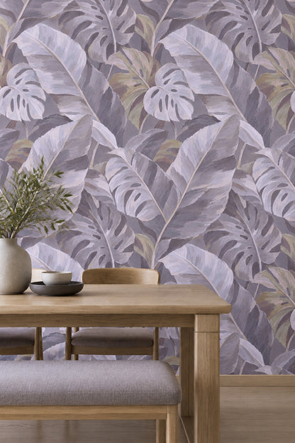 Muted Monstera Leaves Wallpaper Painterly Gray Foliage