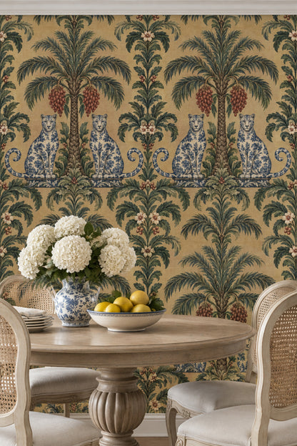 Palm Tree And Leopard Chinoiserie Wallpaper Tan Background