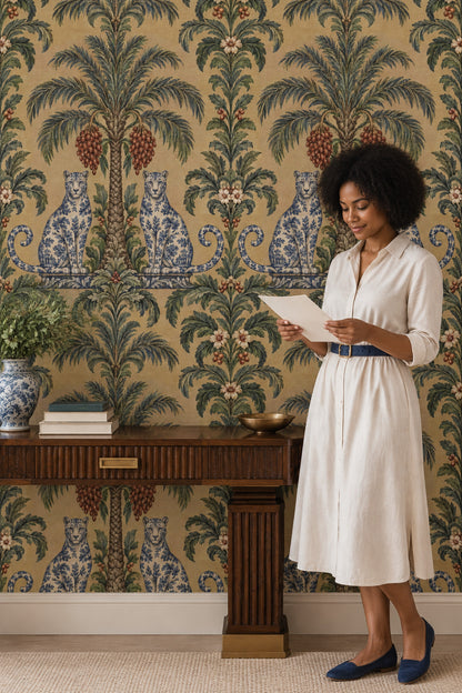 Palm Tree And Leopard Chinoiserie Wallpaper Tan Background