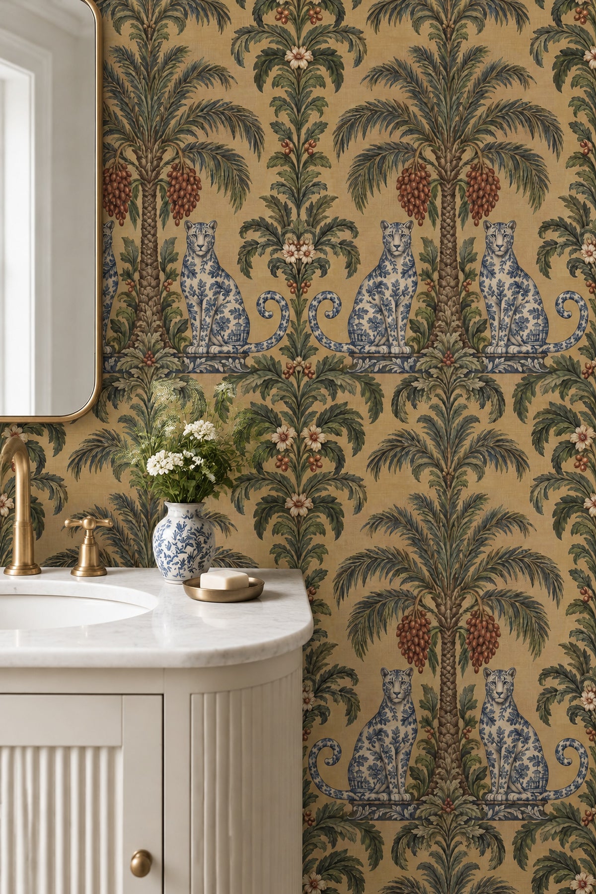 Palm Tree And Leopard Chinoiserie Wallpaper Tan Background