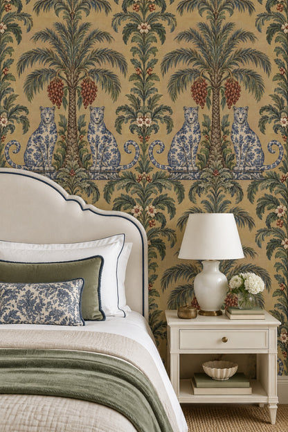 Palm Tree And Leopard Chinoiserie Wallpaper Tan Background