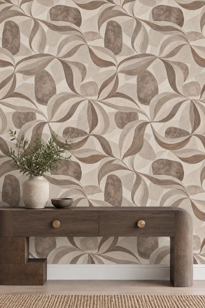 Painted Leaves Wallpaper In Beige Earth Tones