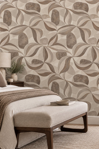 Painted Leaves Wallpaper In Beige Earth Tones