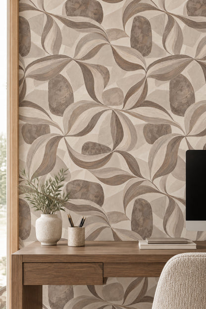 Painted Leaves Wallpaper In Beige Earth Tones