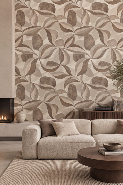 Painted Leaves Wallpaper In Beige Earth Tones