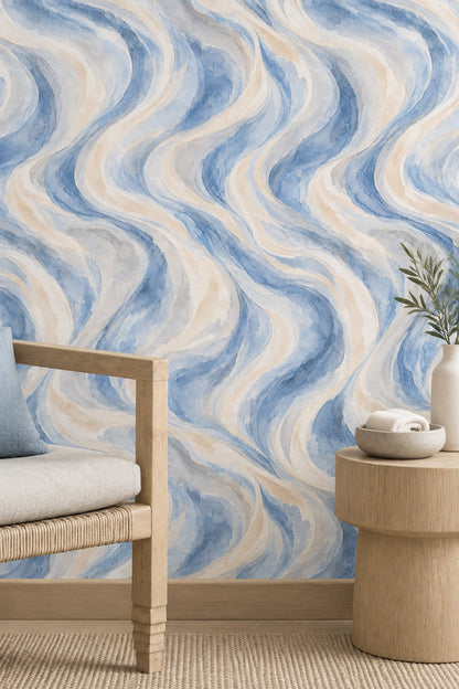 Flowing Watercolor Waves Wallpaper Blue Gray Marble Look
