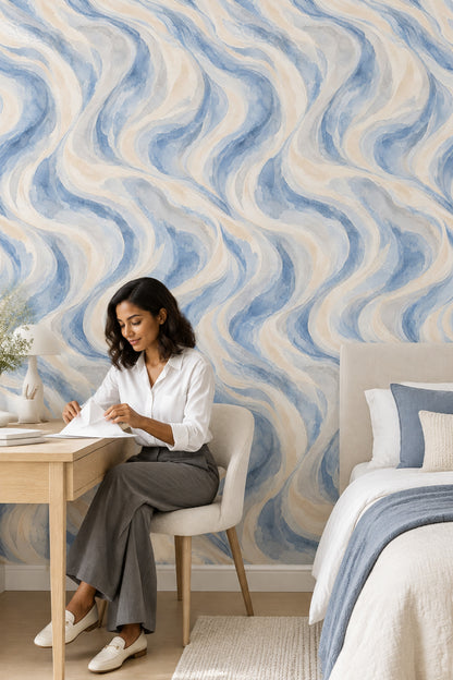 Flowing Watercolor Waves Wallpaper Blue Gray Marble Look
