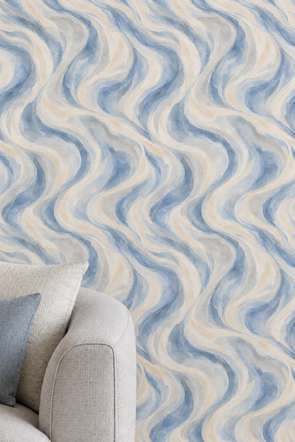 Flowing Watercolor Waves Wallpaper Blue Gray Marble Look