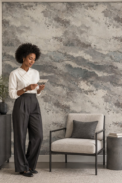 Aged Concrete Texture Wallpaper Distressed Gray And Off White Plaster Look