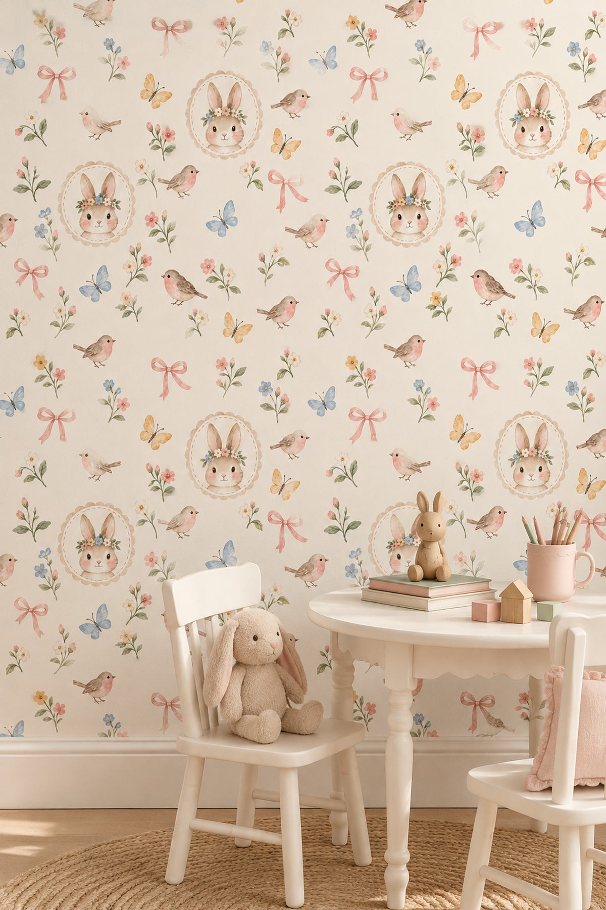 Floral Crown Bunny Wallpaper Pastel Watercolor Nursery Pattern