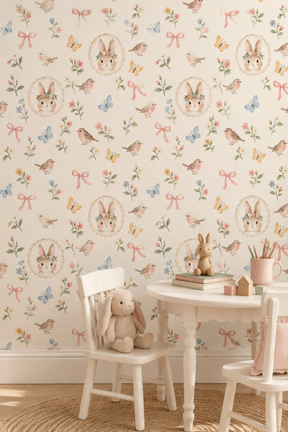 Floral Crown Bunny Wallpaper Pastel Watercolor Nursery Pattern