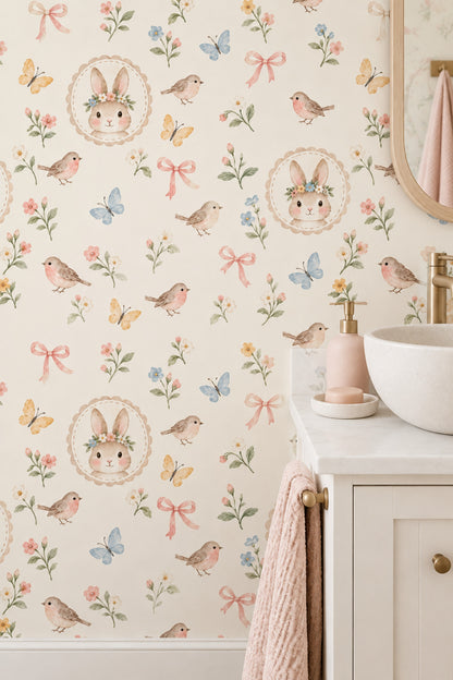 Floral Crown Bunny Wallpaper Pastel Watercolor Nursery Pattern