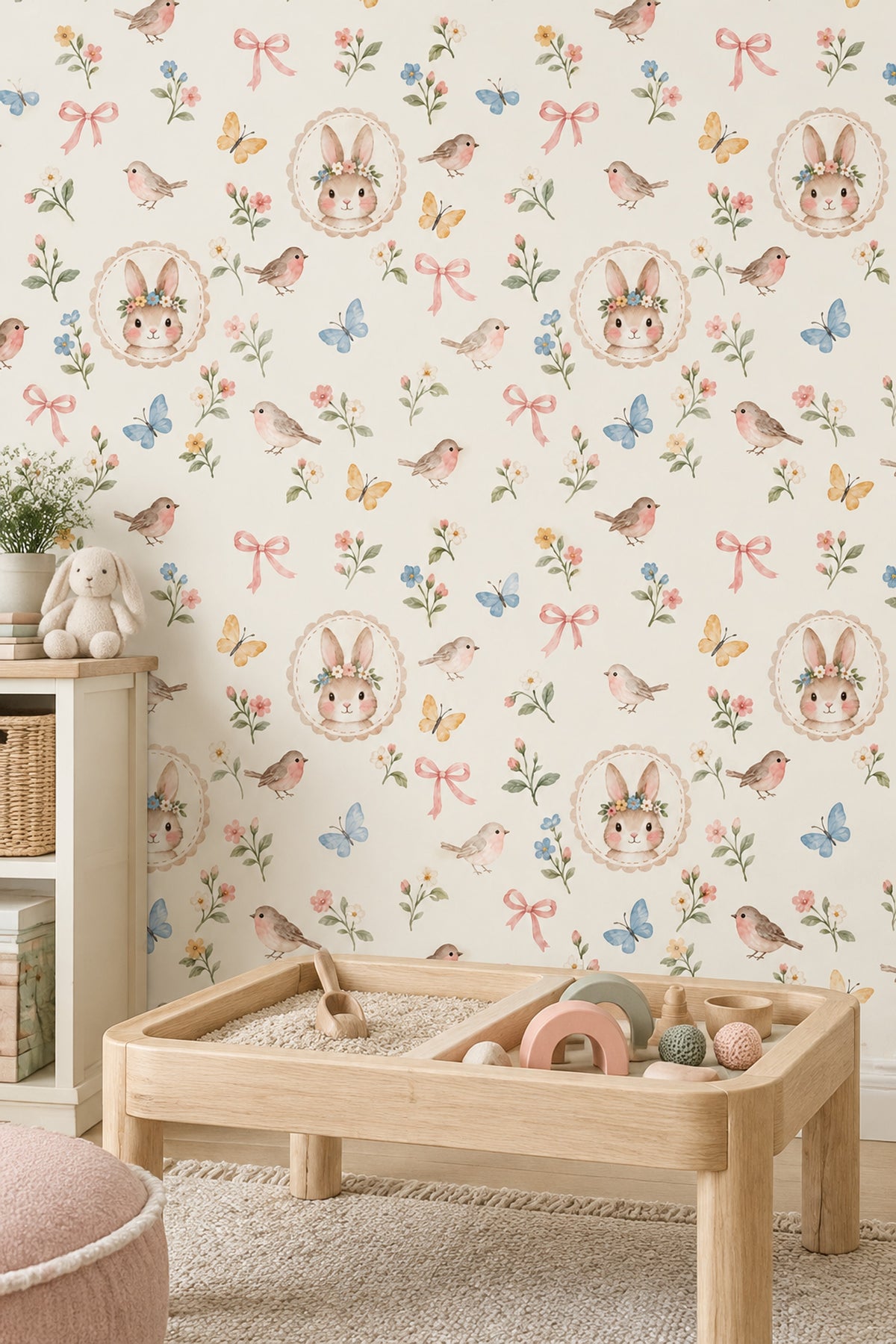 Floral Crown Bunny Wallpaper Pastel Watercolor Nursery Pattern