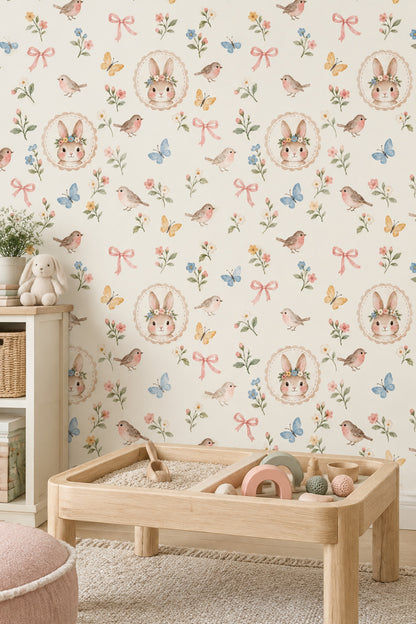 Floral Crown Bunny Wallpaper Pastel Watercolor Nursery Pattern