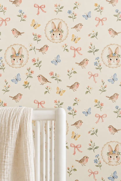 Floral Crown Bunny Wallpaper Pastel Watercolor Nursery Pattern