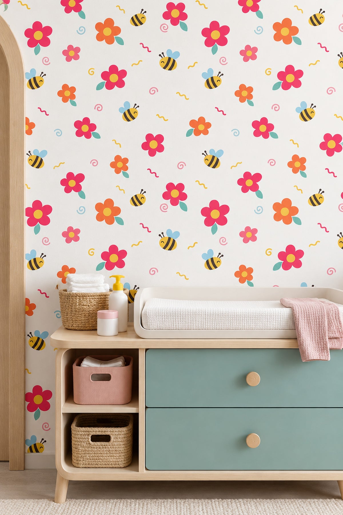 Cartoon Bees And Large Flowers Wallpaper Cream Background Pastels